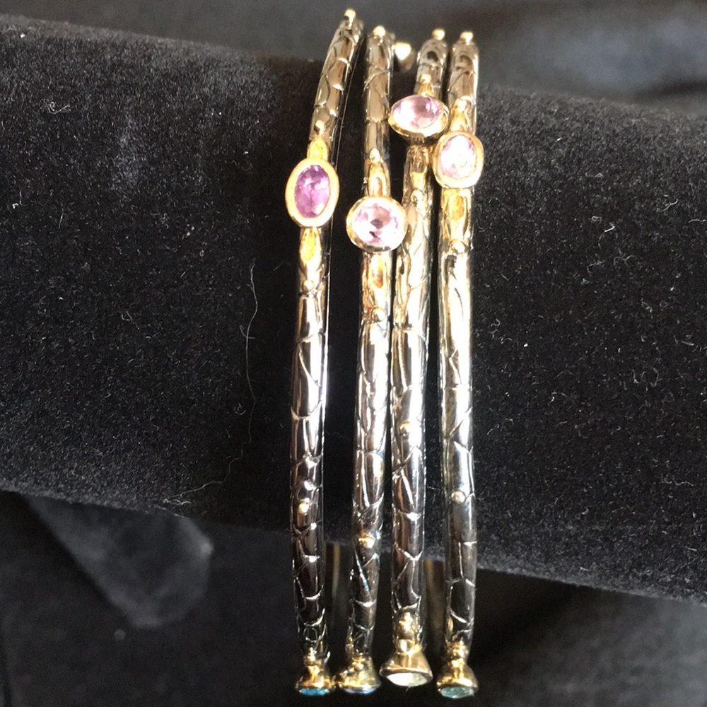 Fadi India 925 Multi Gemstone Silver Stack Bangles - image 2